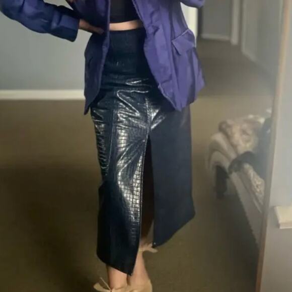 Tanya Taylor Blue Faux Leather Pencil Skirt Size 6 Croc Embossed Designer $425 - Picture 8 of 13